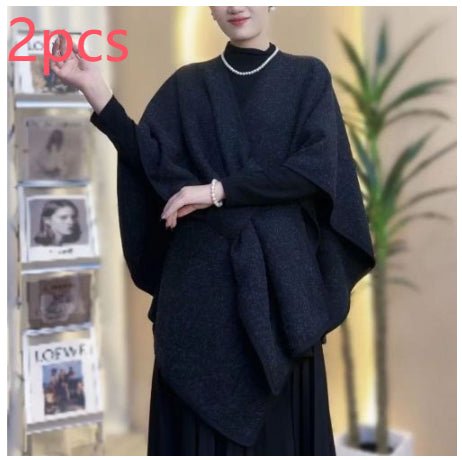 Cape Châle en Maille avec Col en Fourrure Synthétique et Pompons – vue 12 | Ma boutique pharaon