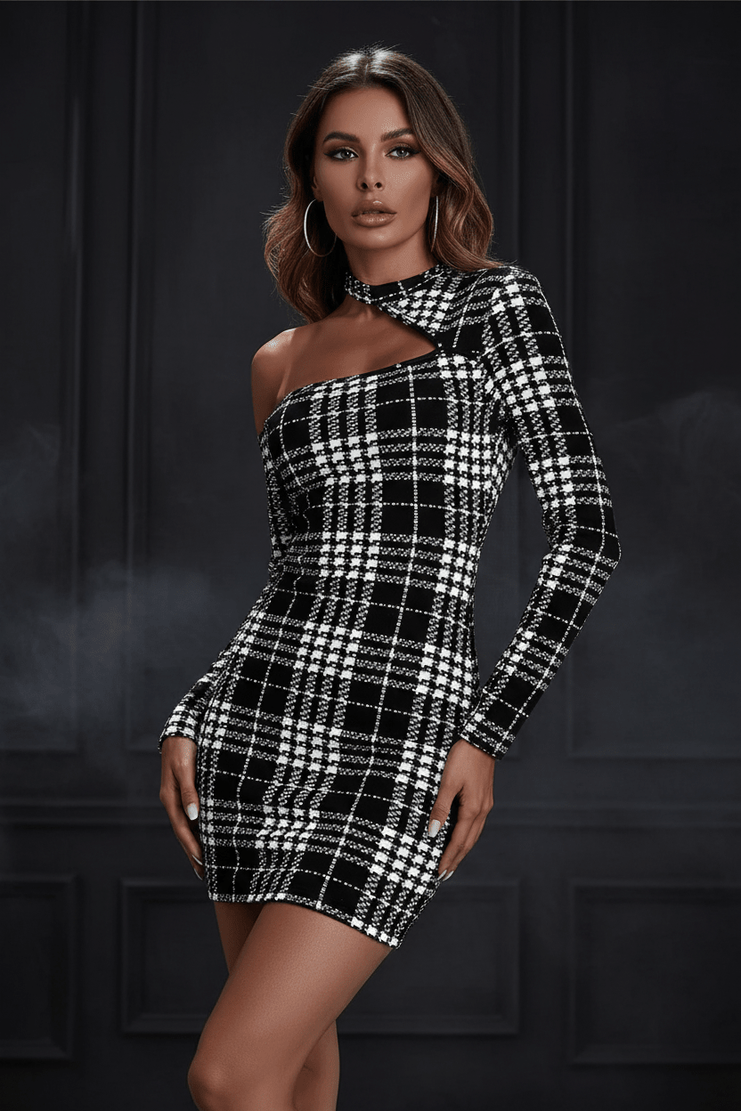 Robe Moulante Motif Pied-de-Poule, Col Asymétrique, Manches Longues - Ma boutique pharaonMa boutique pharaon