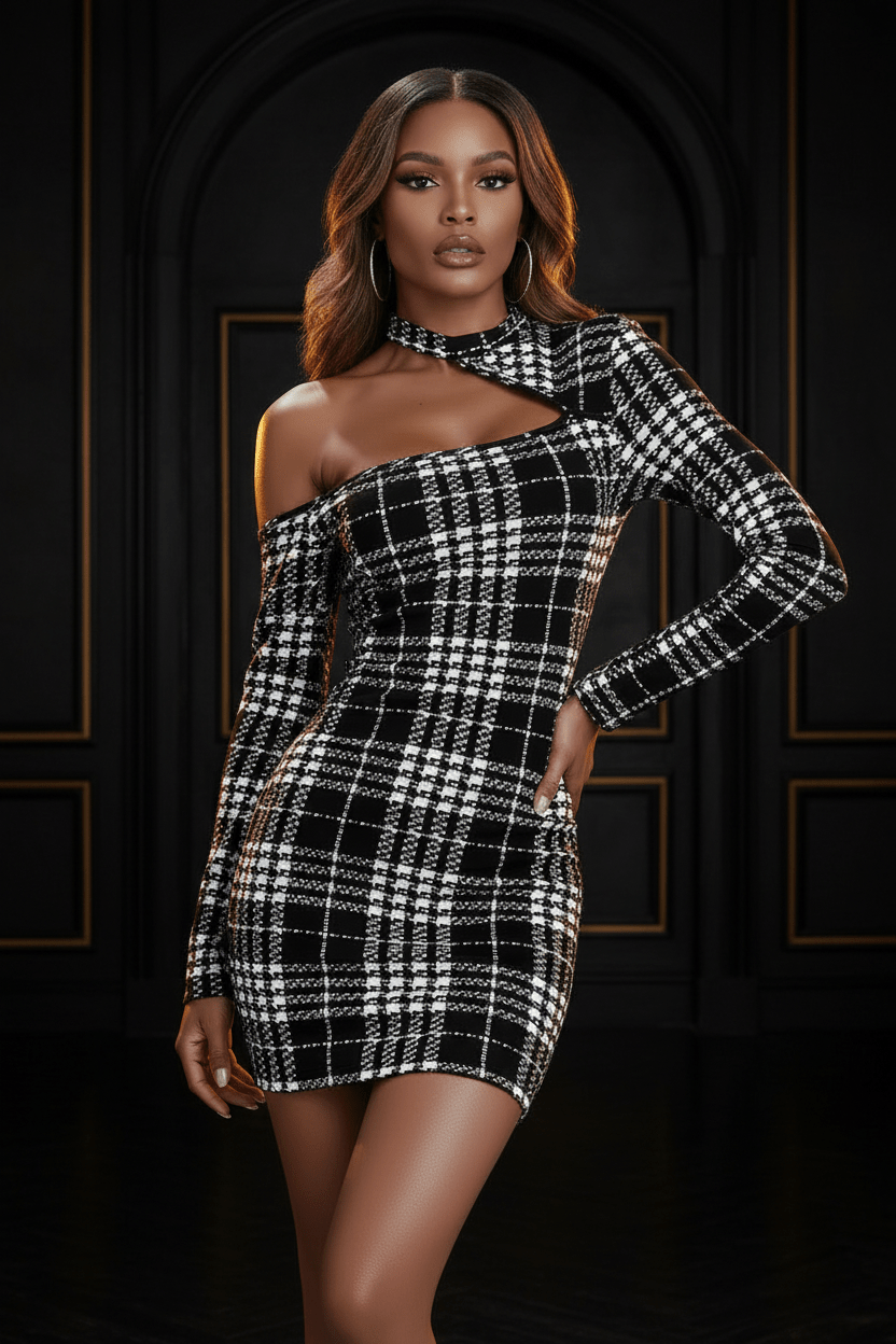 Robe Moulante Motif Pied-de-Poule, Col Asymétrique, Manches Longues - Ma boutique pharaonMa boutique pharaon