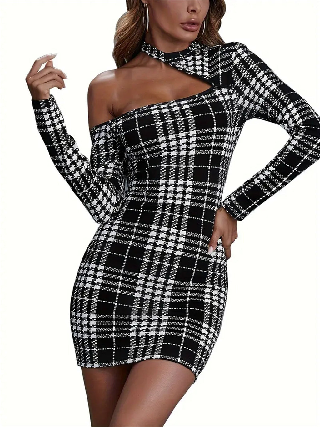Robe Moulante Motif Pied-de-Poule, Col Asymétrique, Manches Longues - Ma boutique pharaonMa boutique pharaon