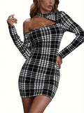 Robe Moulante Motif Pied-de-Poule, Col Asymétrique, Manches Longues - Ma boutique pharaonMa boutique pharaon